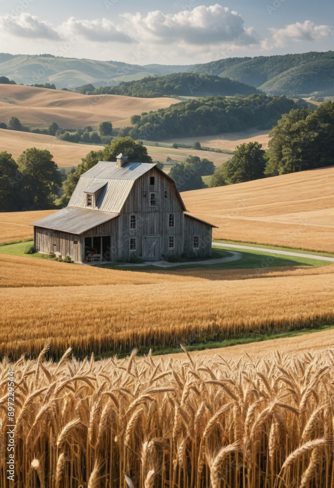 Rustic farmhouse nestled amongst rolling hills with fields of golden wheat swaying. Rustic farmhouse nestled amongst rolling hills with fields of golden wheat swaying.