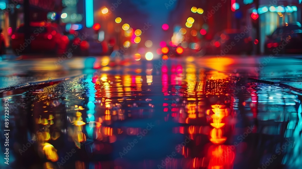 Wet city street with glowing neon lights and reflections at night Wet city street with glowing neon lights and reflections at night