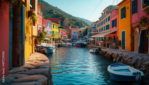 Fototapeta Naklejka Na Ścianę i Meble -  A charming coastal village with colorful buildings, narrow cobblestone streets, and a small fishing 
