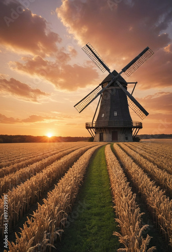  Charming windmill silhouetted against a dramatic sunset in a vast field. 