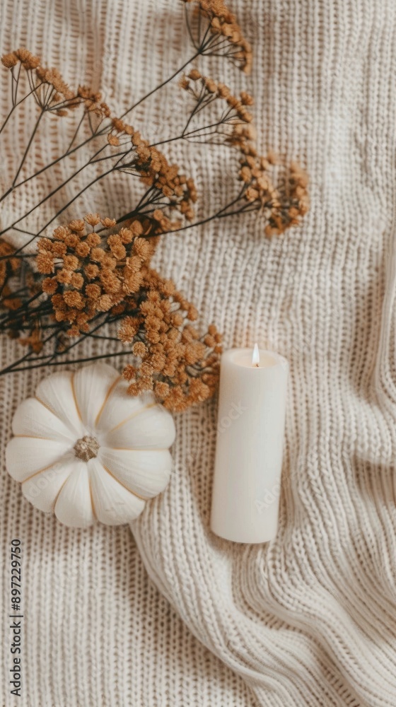 An orange candle burns on a wooden slab surrounded by autumn leaves, acorns, and a brown knit blanket. An orange candle burns on a wooden slab surrounded by autumn leaves, acorns, and a brown knit blanket.