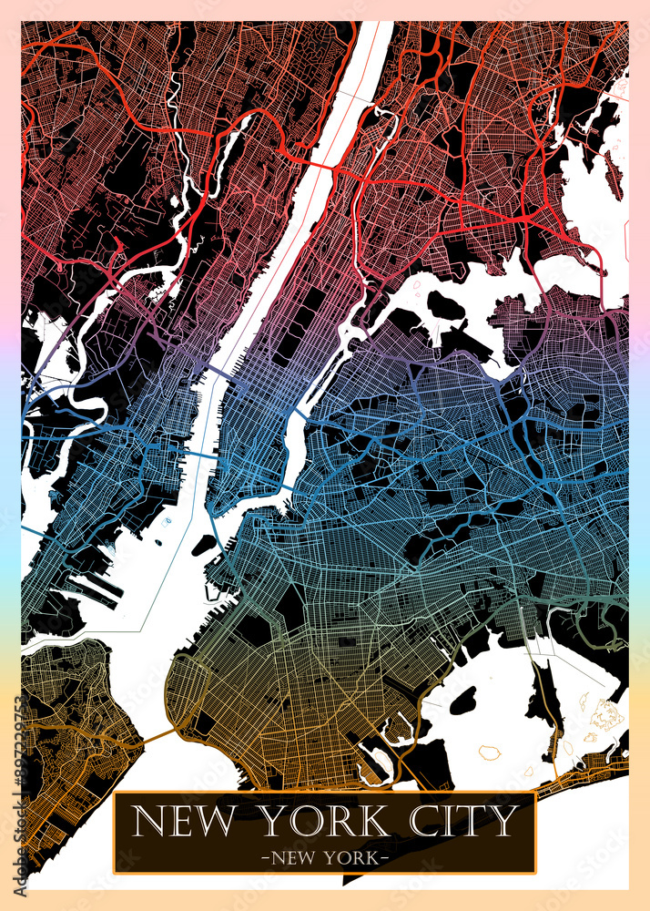 New York City Street Map, Travel, Downtown Road, Atlas, Plan, Poster, Print, Highways