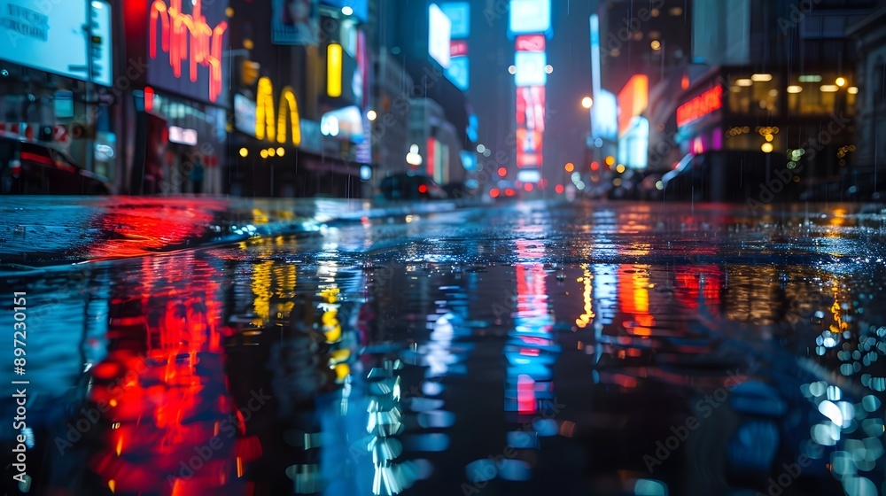 Obraz premium Vibrant Neon-Lit City Street at Rainy Night with Colorful Reflections