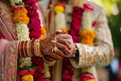 A detailed close-up view of a persons hand tightly gripping a shiny wedding ring, Groom and bride having a traditional Indian wedding, AI Generated