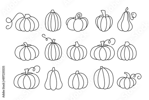 Pumpkin Editable Stroke Vector Collection. Hand Drawn Doodle Squash Set.