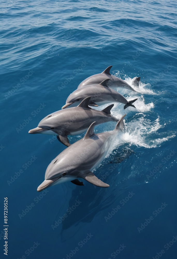 Obraz premium A playful pod of dolphins swimming alongside a boat in a crystal-clear ocean. 