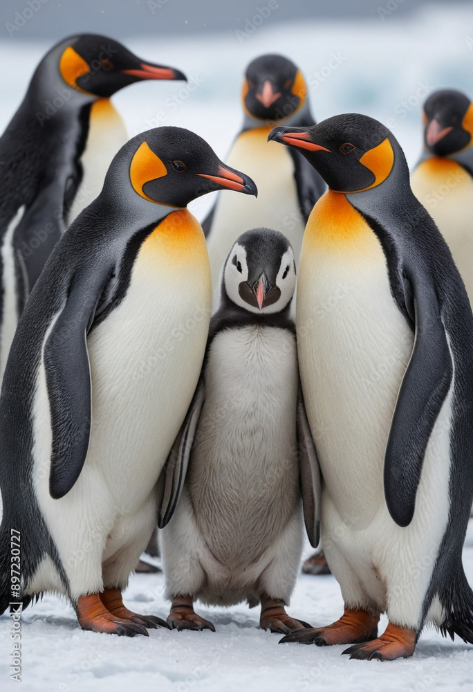 Fototapeta premium A group of penguins huddled together on a snowy Antarctic landscape. 