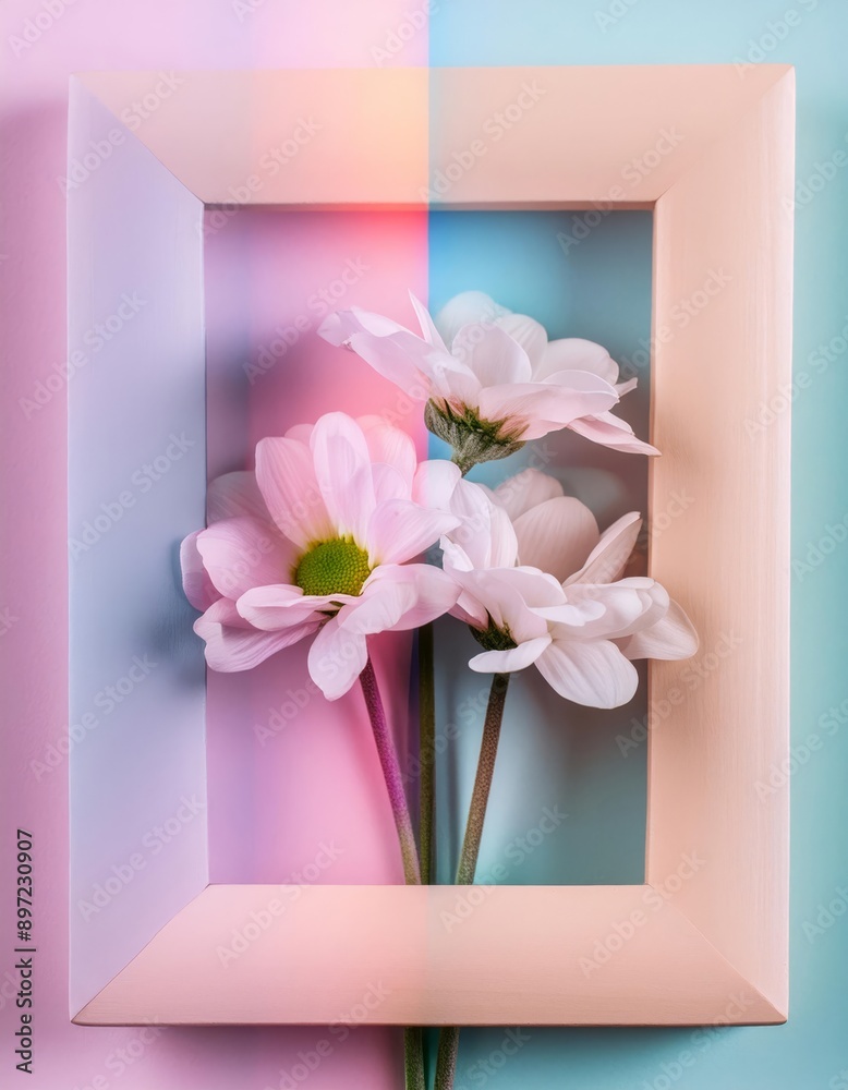 Pastel frame with flowers on bokeh backdrop, perfect for modern decor, adding aesthetic charm to any space Pastel frame with flowers on bokeh backdrop, perfect for modern decor, adding aesthetic charm to any space