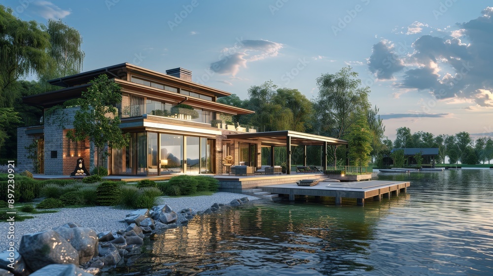 A luxurious 3D-rendered villa overlooking a serene lake, with a dock and boathouse A luxurious 3D-rendered villa overlooking a serene lake, with a dock and boathouse