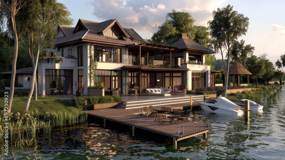 A luxurious 3D-rendered villa overlooking a serene lake, with a dock and boathouse A luxurious 3D-rendered villa overlooking a serene lake, with a dock and boathouse