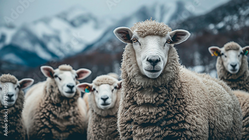 Woolly sheep flock with snowy mountain backdrop. Curious sheep staring amidst mountain landscape. Sheep in cold climate scenery.