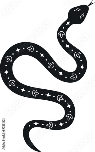 Mysterious snake with hand drawn floral and cosmic elements. Black and white magic mystic snake. Spiritual or fantasy symbols. Vector illustration isolated on white background.