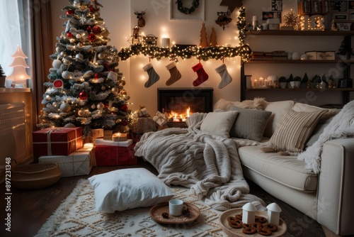 A cozy living room features a beautifully decorated Christmas tree, a warm fireplace with stockings hanging above, and a sofa laden with comfy blankets, emanating holiday warmth. photo