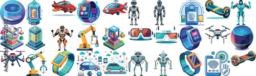 Futuristic technology illustrations featuring robots, drones, gadgets, and smart devices