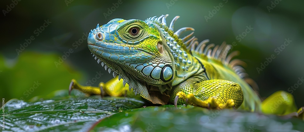 Fototapeta premium Green Iguana on a Leaf, Close Up