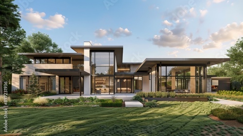 A modern 3D-rendered home with clean lines, large windows, and a minimalist design set in a lush green landscape