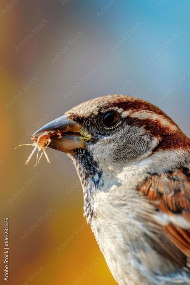 Close-up shot of a bird with a worm in its beak, highlighting its natural hunting behavior Close-up shot of a bird with a worm in its beak, highlighting its natural hunting behavior