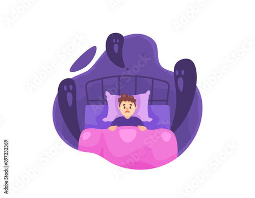 sleep terror disorder concept. sleep disorder that causes hallucinations and fear. illustration of a man who can't sleep because he feels watched and terrorized. flat style design. graphic elements