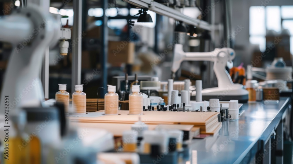 Closeup of bottles of liquid on a factory workbench with an automated robot arm in the background Closeup of bottles of liquid on a factory workbench with an automated robot arm in the background