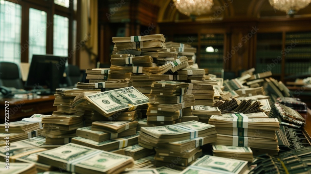 A pile of money in a luxurious office setting, symbolizing the financial success that often accompanies high-level business positions A pile of money in a luxurious office setting, symbolizing the financial success that often accompanies high-level business positions