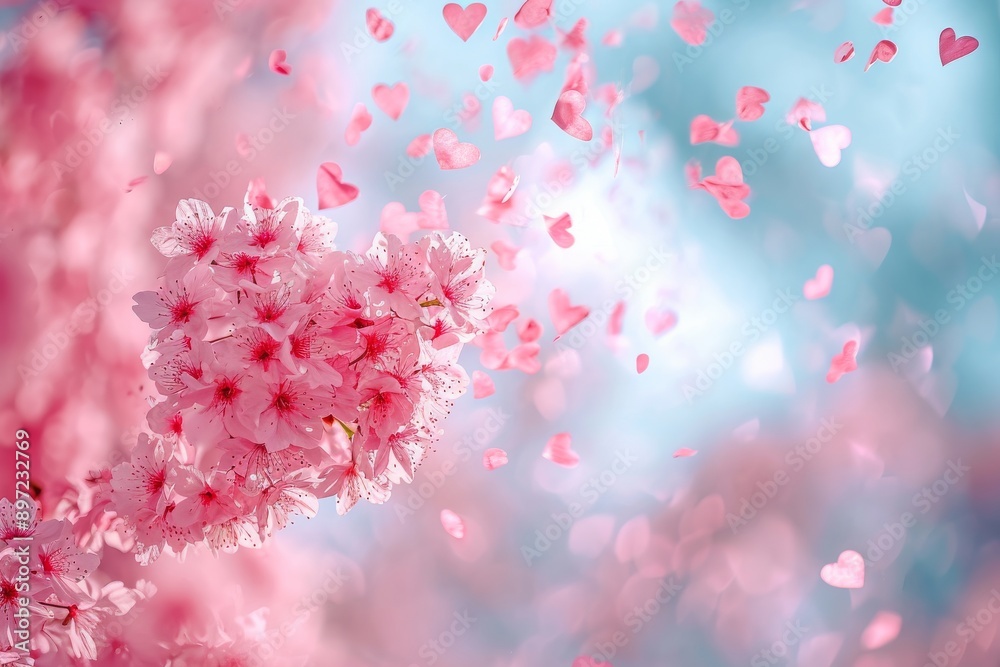 A vibrant cluster of pink flowers gracefully suspended in mid-air, Heart-shaped cherry blossoms falling in the wind, AI Generated A vibrant cluster of pink flowers gracefully suspended in mid-air, Heart-shaped cherry blossoms falling in the wind, AI Generated