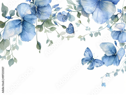 Blue Butterflies and Flowers Framing White Space, Generative AI Illustration