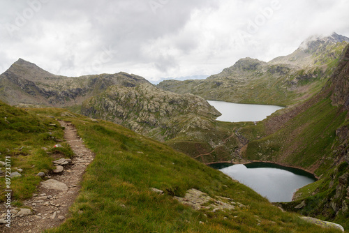 Mountain panorama with lake Grünsee and Langsee (Spronser Lakes) in Texel group, South Tyrol, Italy photo