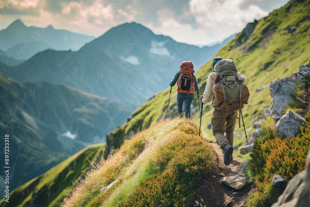 Two individuals ascending a grassy hill surrounded by majestic mountains, Heart-warming image of a hiker guiding friend up the mountain trail, AI Generated Two individuals ascending a grassy hill surrounded by majestic mountains, Heart-warming image of a hiker guiding friend up the mountain trail, AI Generated