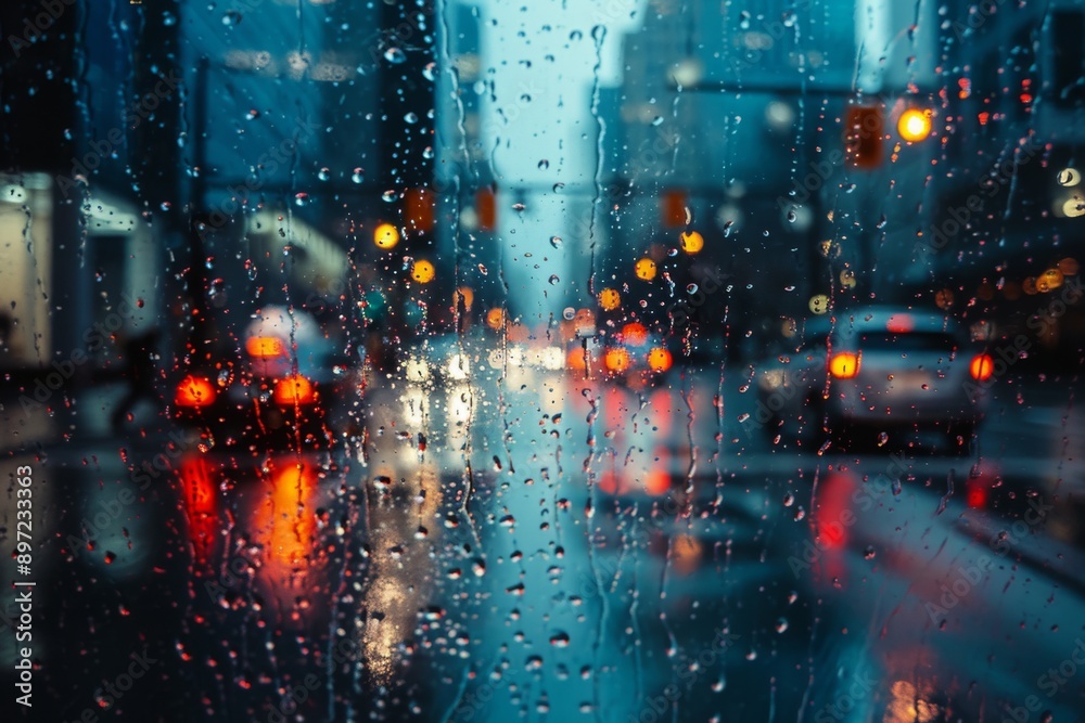 Obraz premium A photo of a rain covered window capturing the scene of cars driving down the street, Heavy rain bouncing off a city street, AI Generated