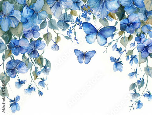 Blue Butterflies and Flowers Framing White Space, Generative AI Illustration