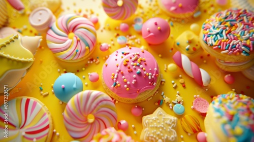 Vibrant assortment of colorful sweets and pastries with sprinkles and decorations on a yellow background.