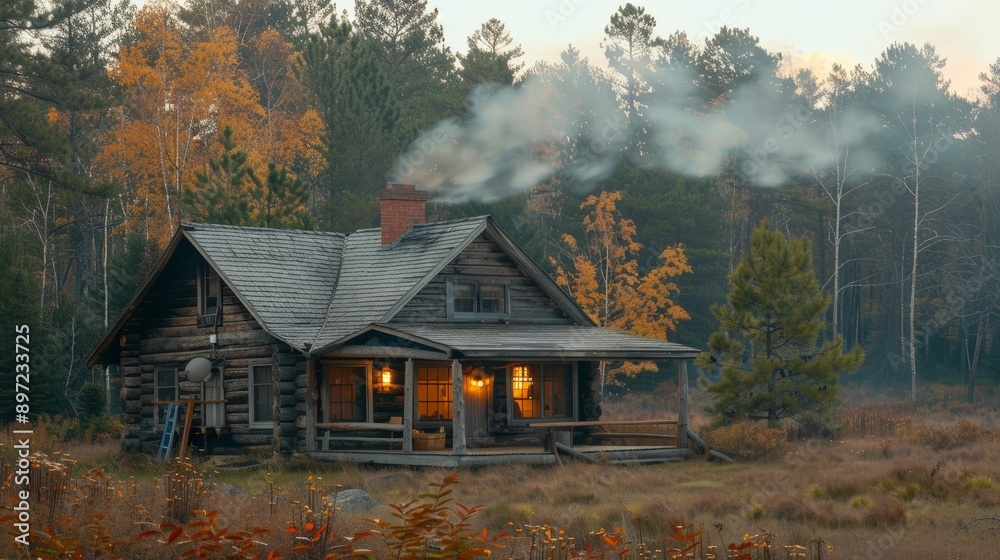 A cozy cabin with smoke rising from the chimney, surrounded by trees A cozy cabin with smoke rising from the chimney, surrounded by trees