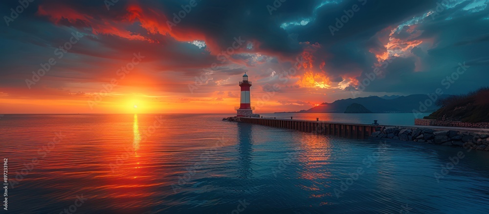 Lighthouse at Sunset Over Dramatic Sky and Ocean Lighthouse at Sunset Over Dramatic Sky and Ocean