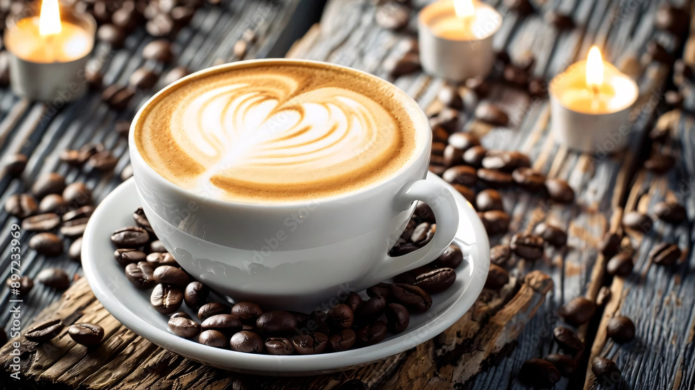 A latte with heart-shaped latte art, surrounded by coffee beans and candles on a rustic wooden table A latte with heart-shaped latte art, surrounded by coffee beans and candles on a rustic wooden table