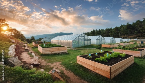 A row of greenhouses in a garden setting at sunset photo