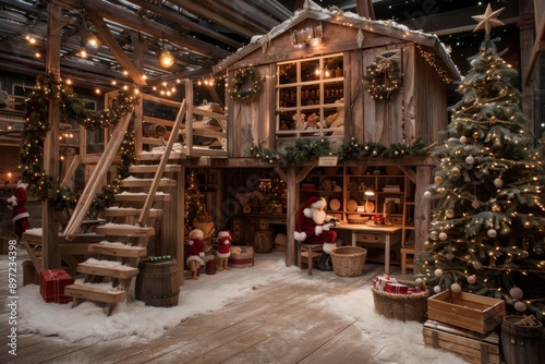 A cozy wooden house adorned with festive wreaths and lights stands next to a beautifully decorated Christmas tree, evoking the warm, joyful spirit of the winter holiday season.