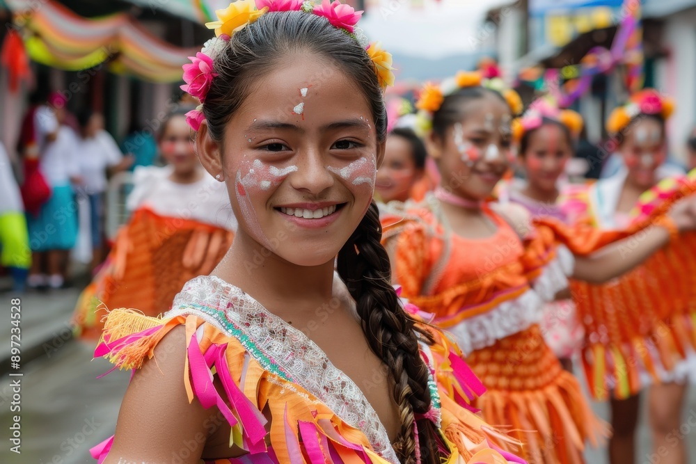 A girl dressed in colorful attire smiles brightly during a festive parade, showcasing her cultural pride and joy amidst a backdrop of lively decorations and community spirit. A girl dressed in colorful attire smiles brightly during a festive parade, showcasing her cultural pride and joy amidst a backdrop of lively decorations and community spirit.