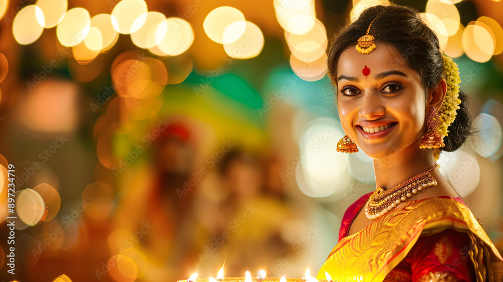 Happy indian woman holding puja thali, wearing traditioinal saree, festival background Happy indian woman holding puja thali, wearing traditioinal saree, festival background