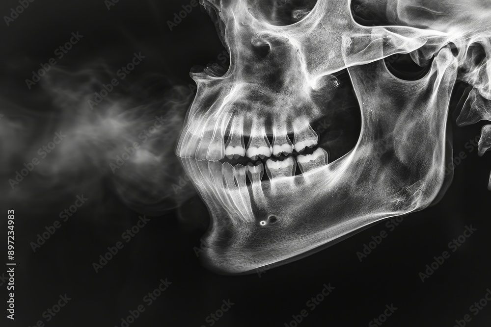 This black and white photo captures a skull emitting smoke, creating a striking and eerie visual, High resolution X-ray film of the jawbone, AI Generated This black and white photo captures a skull emitting smoke, creating a striking and eerie visual, High resolution X-ray film of the jawbone, AI Generated