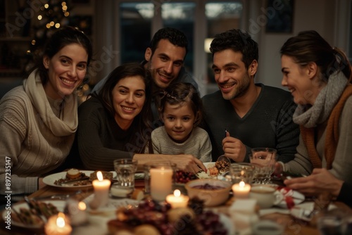 Smiling friends gather around a festive holiday dinner table with a little girl, enjoying food and each other’s company in a warm, candlelit setting, celebrating togetherness.