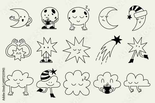 Vector set of cartoon moon, stars and clouds. Night sky character illustration. Funny mascot design