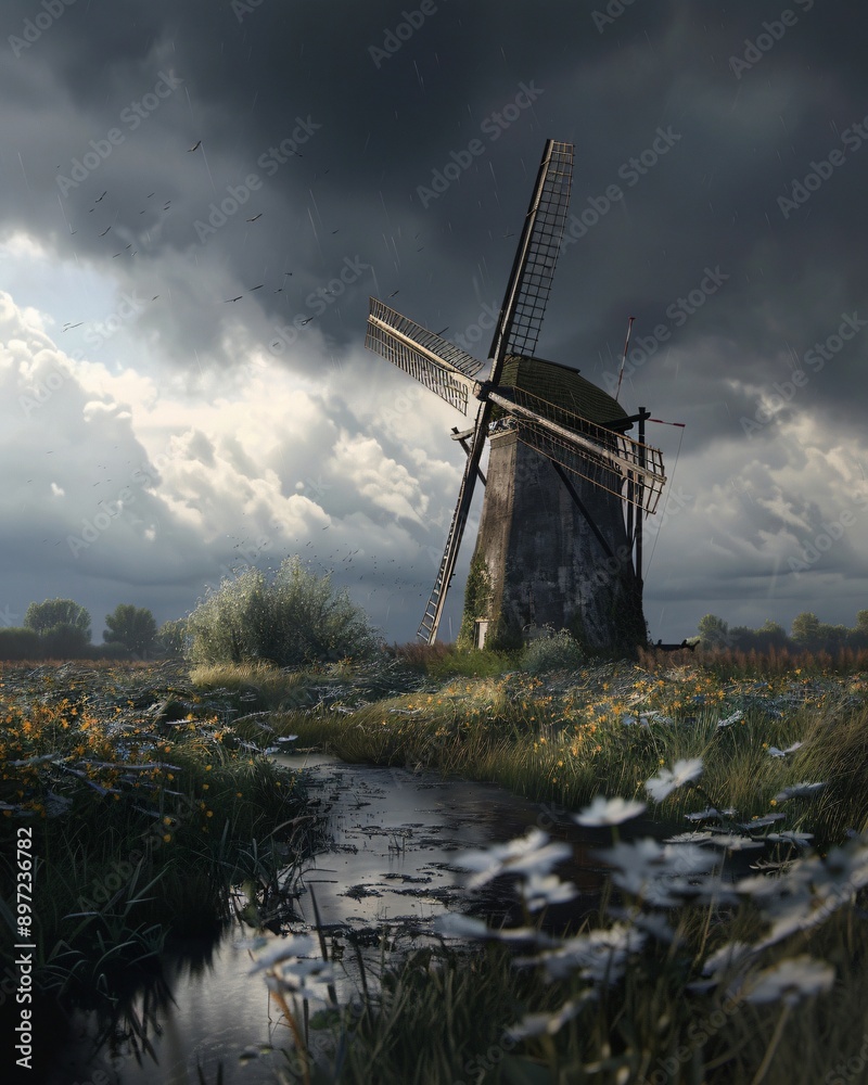 Fototapeta premium Old windmill on a Dutch polder, with a moody sky and soft light.