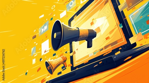 Megaphone coming out of laptop screen on yellow background. Vector illustration. © Ajay
