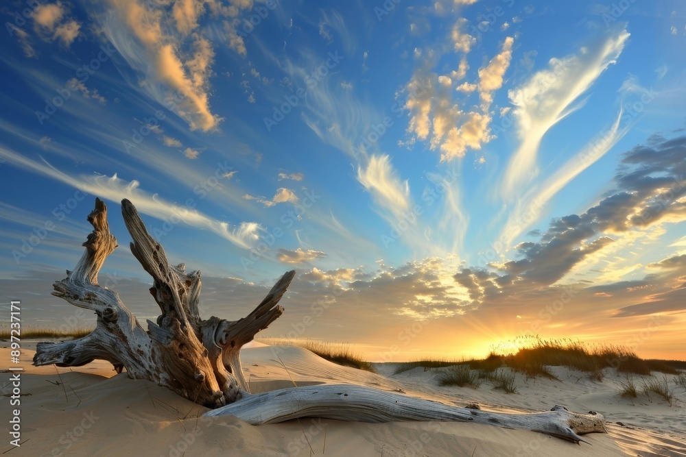 Fototapeta premium Vibrant Sky Over Driftwood on Sand Dunes