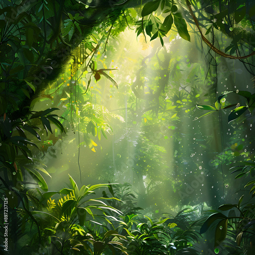 Sunlit Canopy: The Beauty of a Lush Tropical Rainforest in Full Bloom