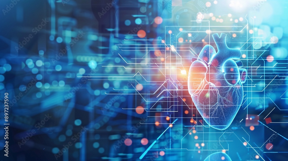 Digital illustration of human heart in digital background. 3d rendering toned image double exposure. Digital illustration of human heart in digital background. 3d rendering toned image double exposure.