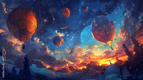 a bunch of hot air balloons floating in the sky