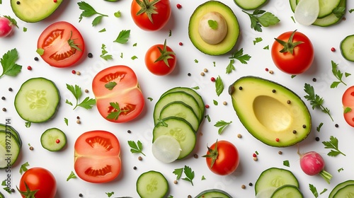 A lively seamless pattern featuring sliced avocados, tomatoes, cucumbers, and radishes, with vibrant green herbs sprinkled throughout, on a white background.