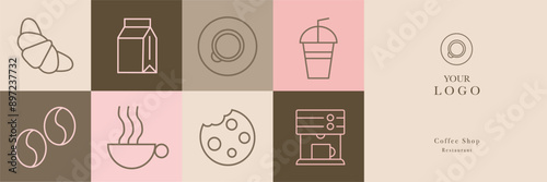 Hand drawn illustration of Bakery and Coffee. Icons. Abstract geometric line background. Gold luxury. Pattern for cover design, food package, menu, background, café wall, coffee shop, web banner