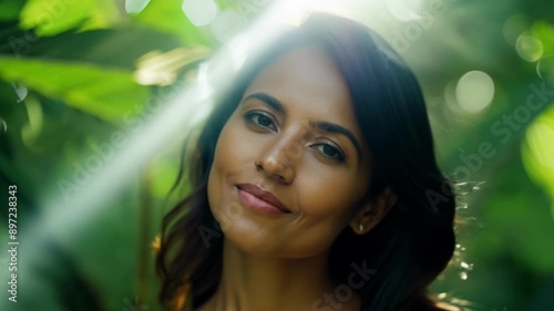 A woman with dark hair and brown eyes is standing in a lush green forest. She is wearing a red dress and a necklace